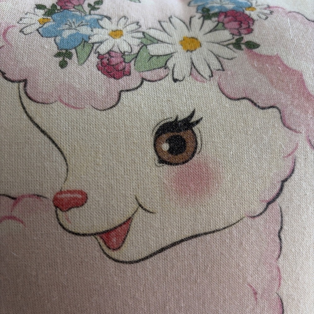 Vintage Inspired Kitschy Lamb Throw Pillow Pink Pom Pom Fringe Square Polka Dots - Picture 12 of 16